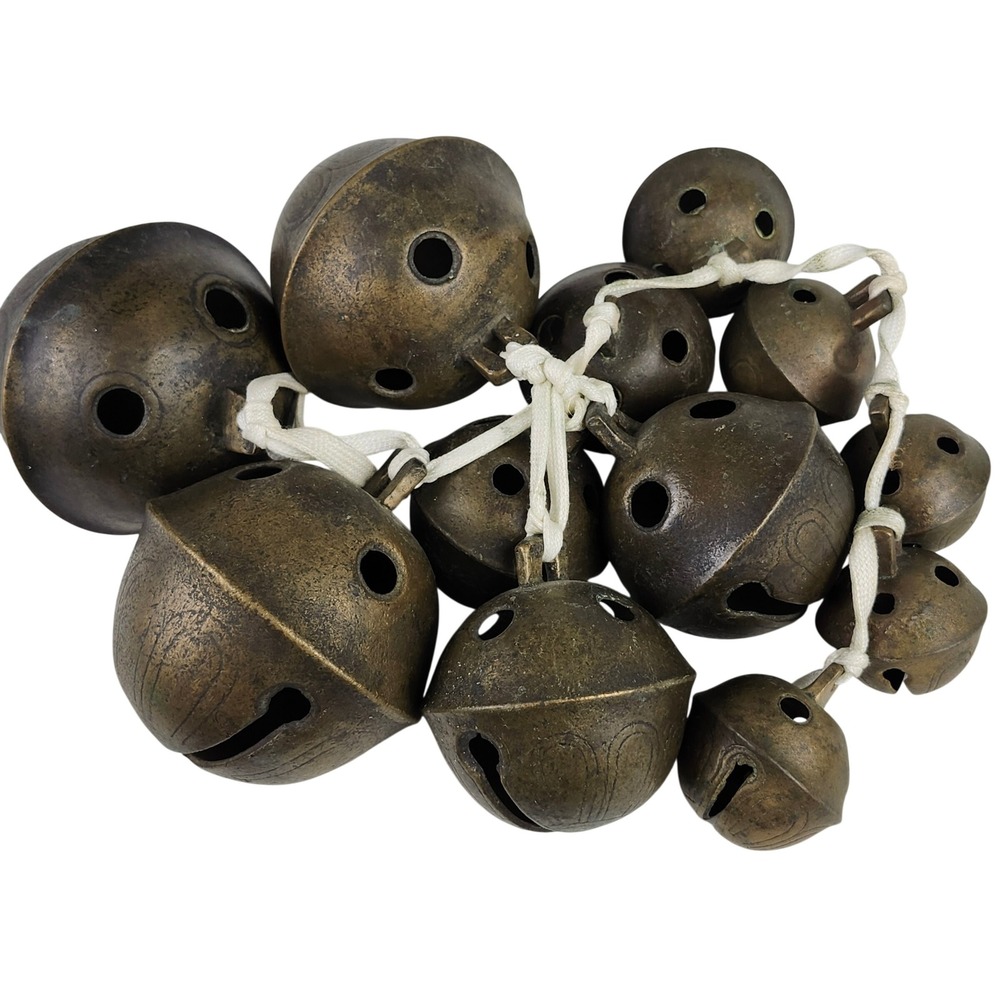 Antique Brass Sleigh Crotal Bells Bronze Engraved‎ Petal Set of 12 Heavy Cast